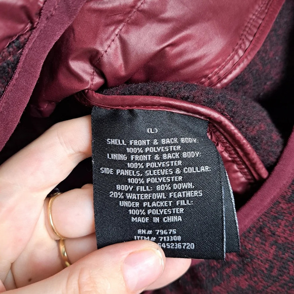 London Fog Maroon Black Knit Puffer Down Filled Thumb Hole Jacket Coat Sz Large - Picture 6 of 8